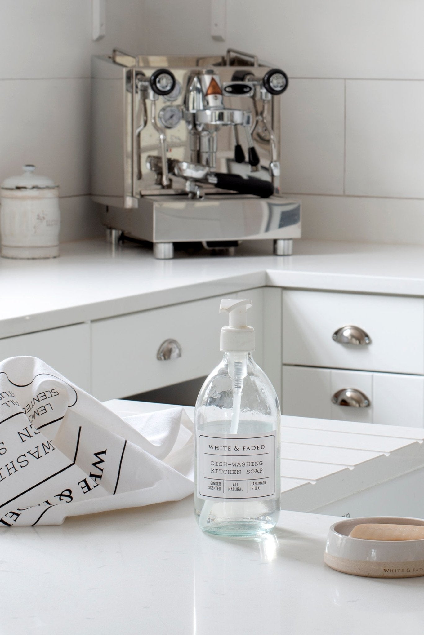 Handmade 100% Cotton Tea Towel in White - White & Faded