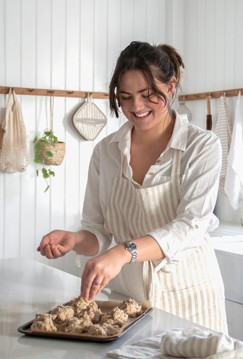 Handmade Stone Washed 100% Linen Unisex Apron with Pocket, Natural Stripe - White & Faded