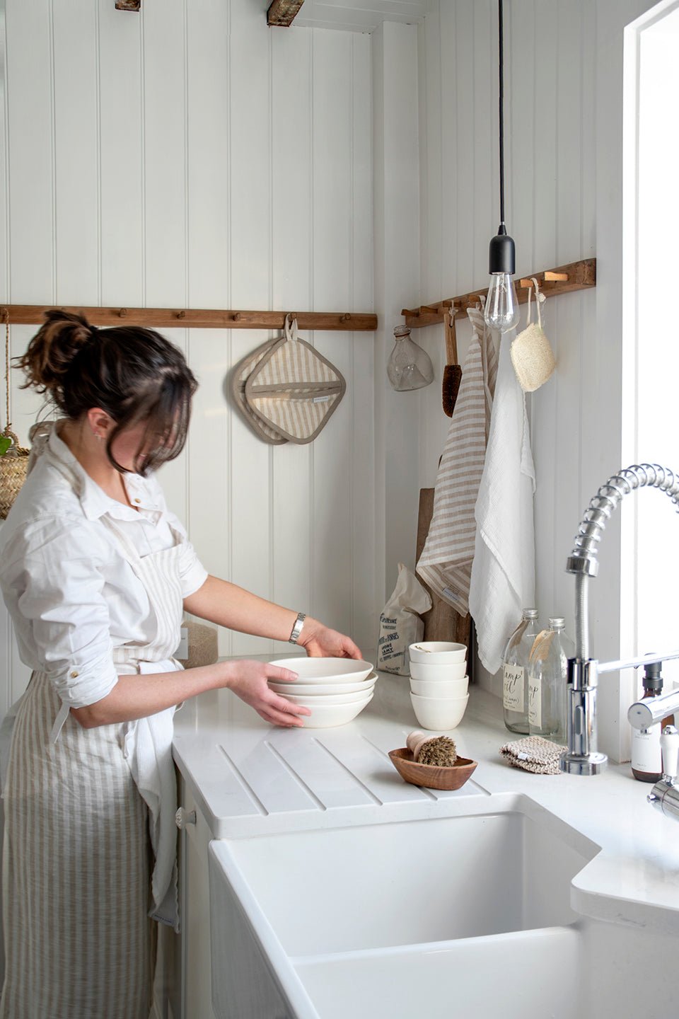 Handmade Stone Washed 100% Linen Unisex Apron with Pocket, Natural Stripe - White & Faded