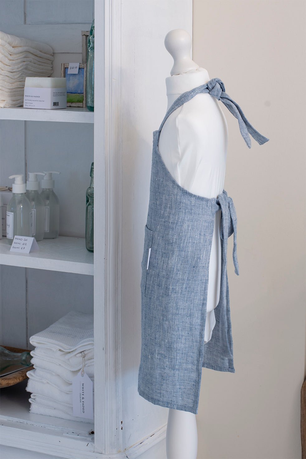 Handmade Stone Washed Children's 100% Linen Apron (Adjustable), Blue - White & Faded