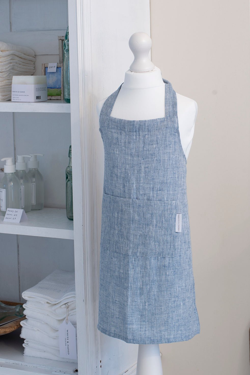 Handmade Stone Washed Children's 100% Linen Apron (Adjustable), Blue - White & Faded