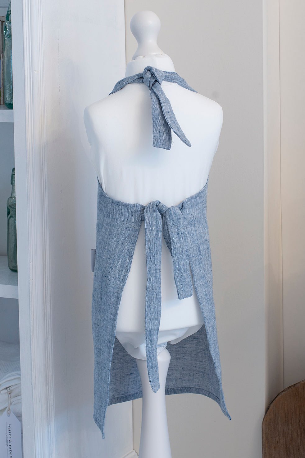 Handmade Stone Washed Children's 100% Linen Apron (Adjustable), Blue - White & Faded