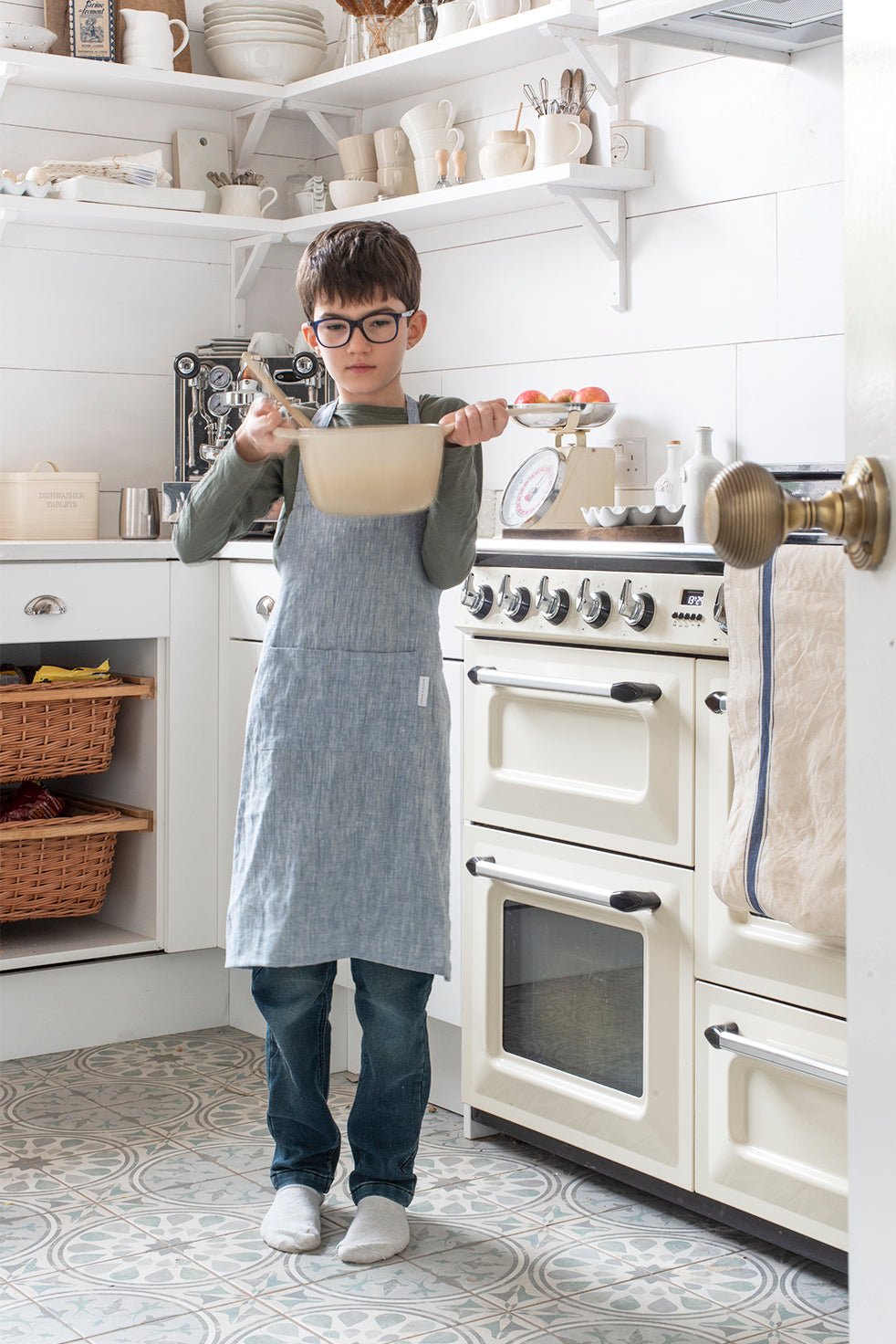 Handmade Stone Washed Children's 100% Linen Apron (Adjustable), Blue or Charcoal - White & Faded