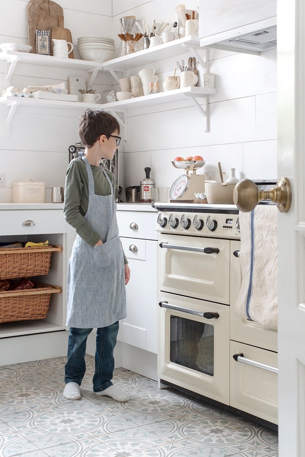 Handmade Stone Washed Children's 100% Linen Apron (Adjustable), Blue or Charcoal - White & Faded