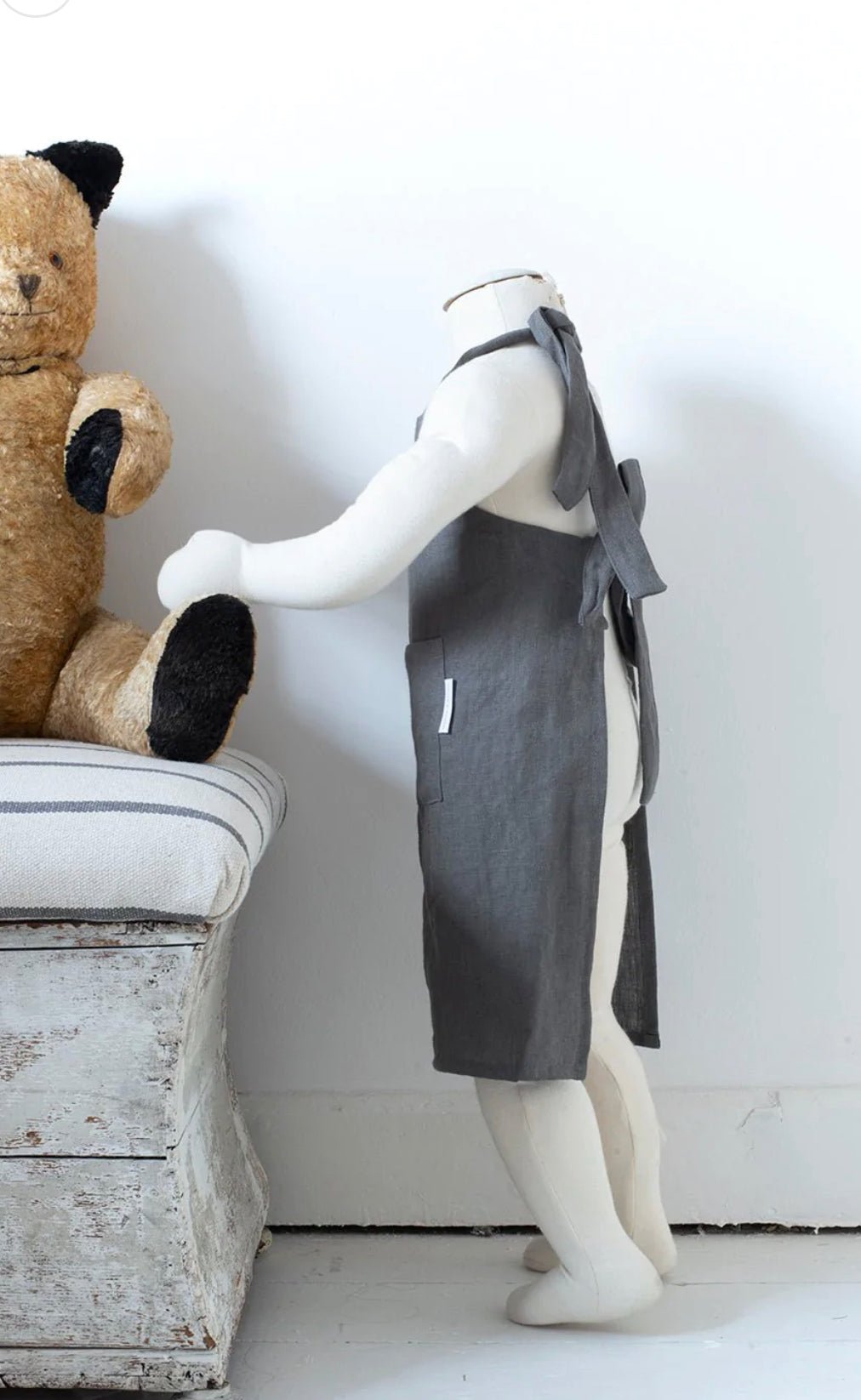Handmade Stone Washed Children's 100% Linen Apron (Adjustable), Blue or Charcoal - White & Faded