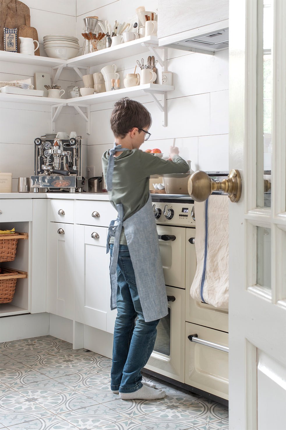 Handmade Stone Washed Children's 100% Linen Apron (Adjustable), Blue or Charcoal - White & Faded