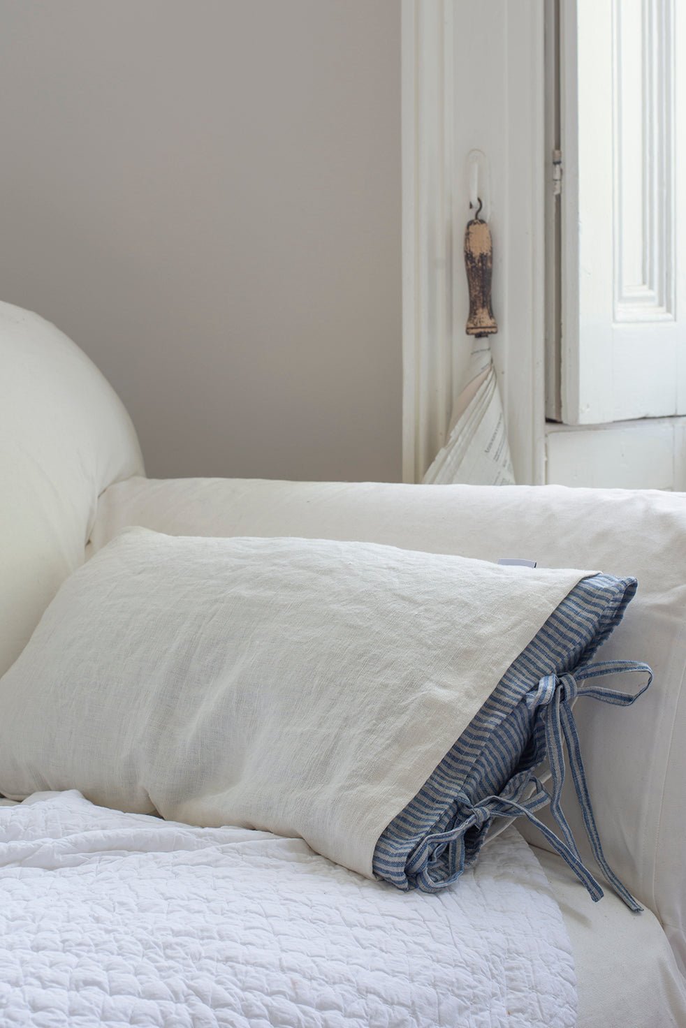 Home-Spun Linen 2 piece Pillowcase - Off White + Blue Stripe - White & Faded