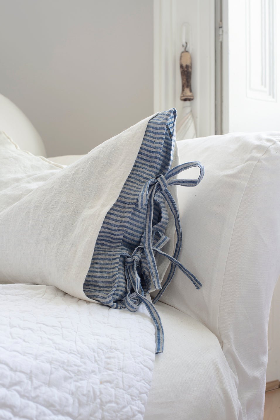 Home-Spun Linen 2 piece Pillowcase - Off White + Blue Stripe - White & Faded