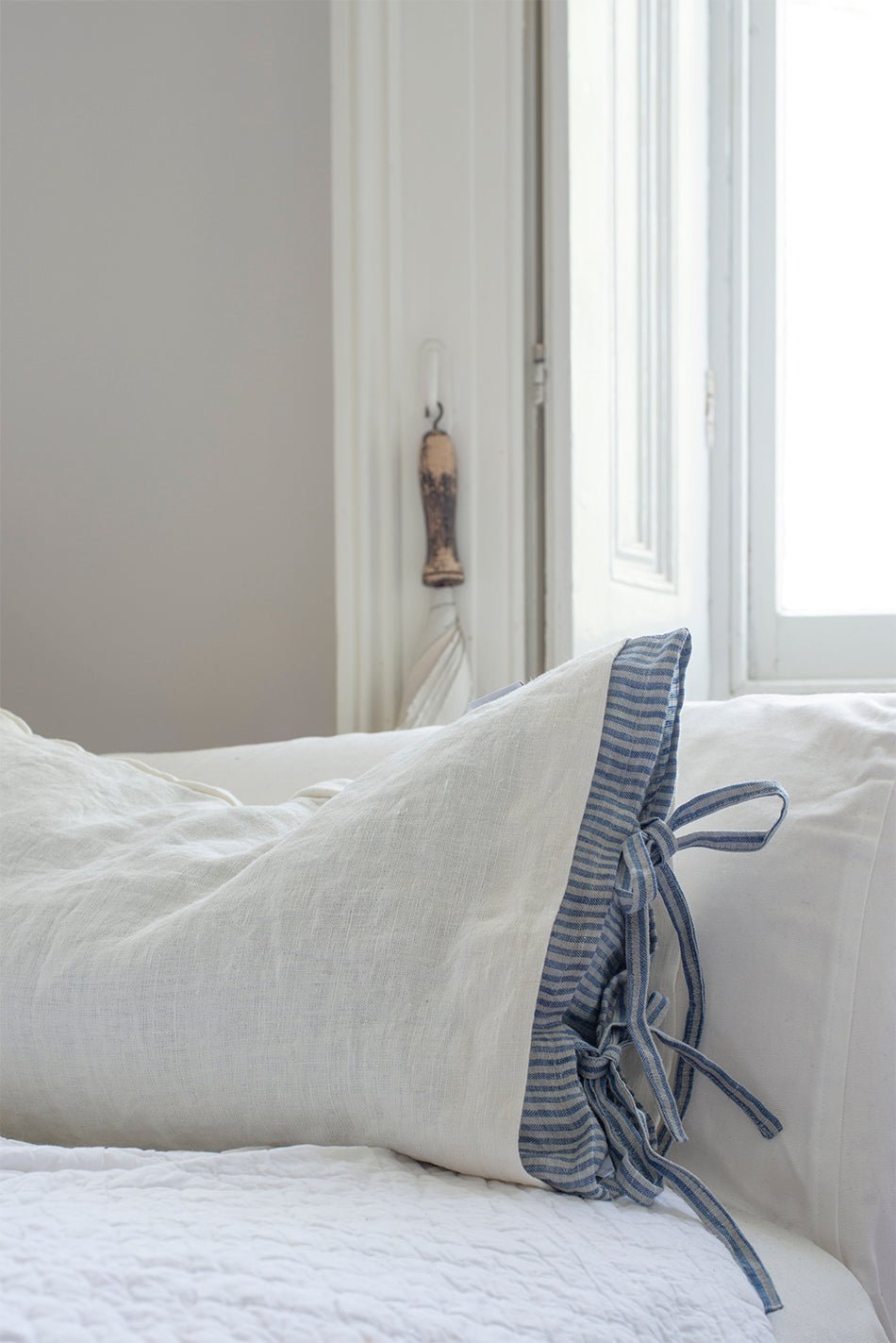 Home-Spun Linen 2 piece Pillowcase - Off White + Blue Stripe - White & Faded