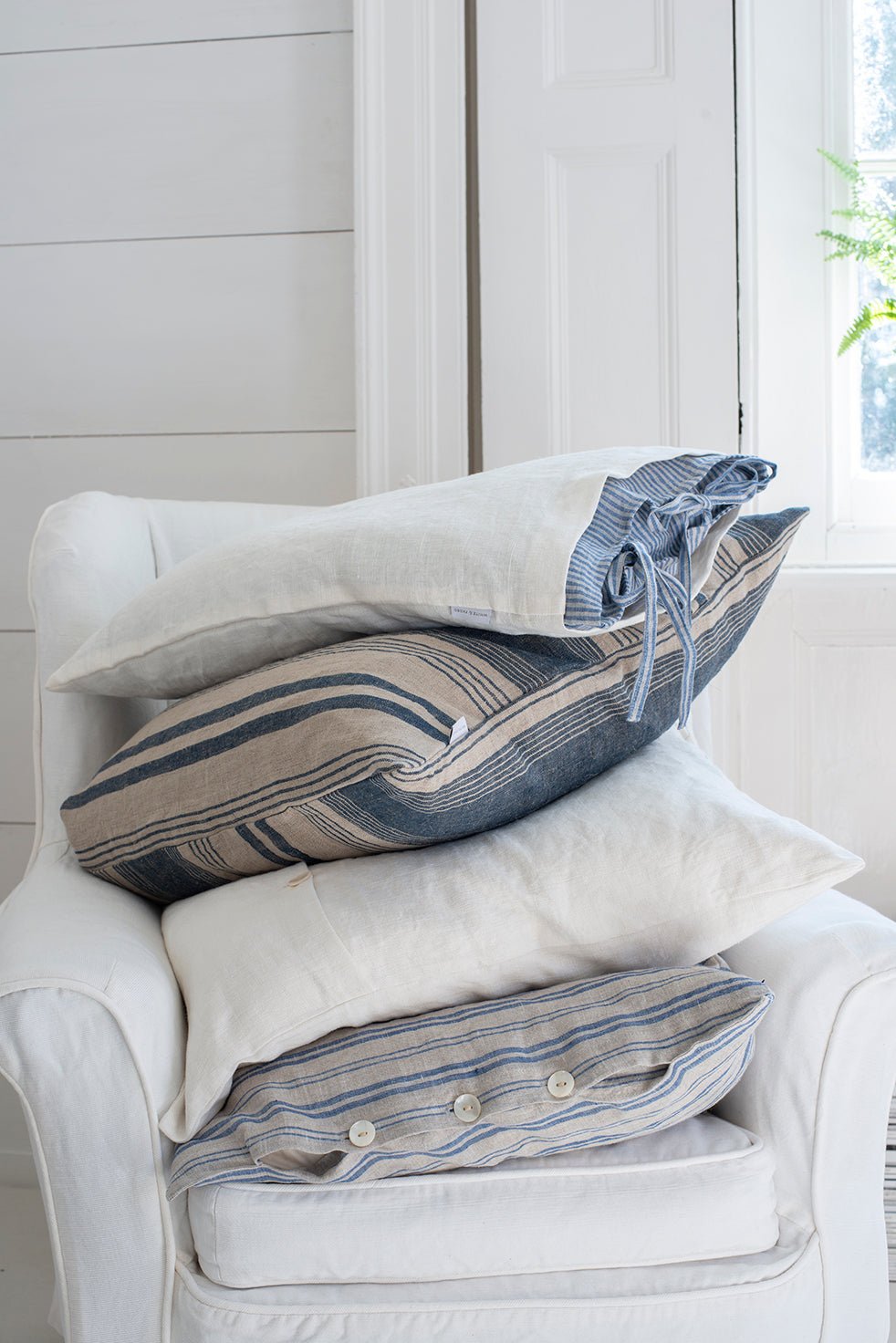 Home-Spun Linen Blue + Greige Stripe Pillowcase with Shell Buttons - White & Faded