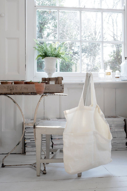 Home-spun Rustic 100% Linen Handmade Tote Bag - White & Faded