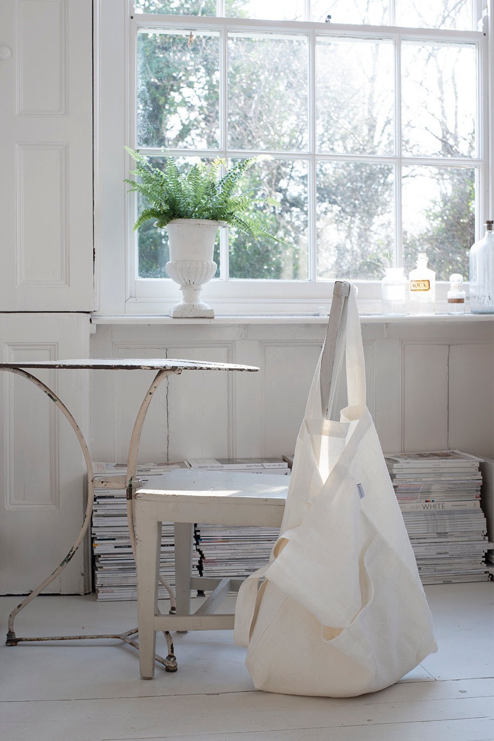 Home-spun Rustic 100% Linen Handmade Tote Bag - White & Faded